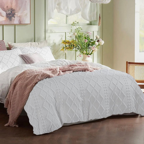 Tufted Boho Embroidery Quilt/Doona/Duvet Cover Set White King Size King Doonas