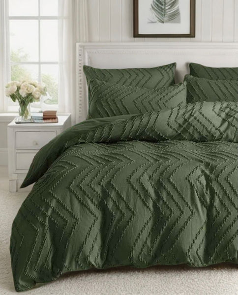 Tufted Boho Wave Jacquard Quilt Cover Set Dark Green Queen Size Quilt Covers