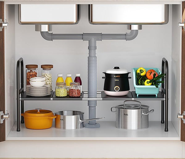 Extendable Storage Rack Under Sink Shelf Kitchen Organizer Black Sink Organisers