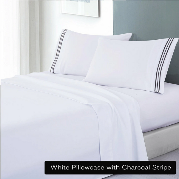 White Soft Microfibre Sheet Set With Colourful Embroidered Stripe King Charcoal Sheets