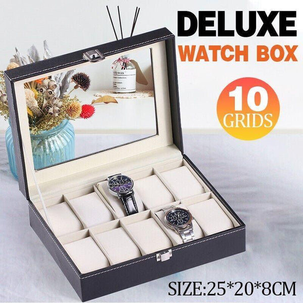 Leather Watch Jewelry Display Storage Holder Case 10 Grids Box Organizer Boxes & Cases