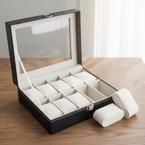 Leather Watch Jewelry Display Storage Holder Case 10 Grids Box Organizer Boxes & Cases