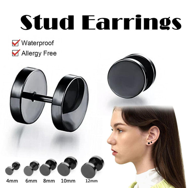 Pair Black Flat Round Barbell Plug Stud Stainless Steel Mens Gym 4 12Mm Earrings