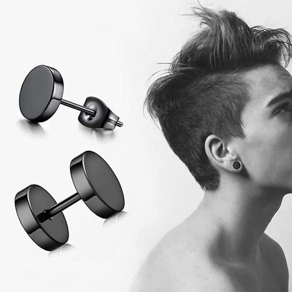 Pair Black Flat Round Barbell Plug Stud Stainless Steel Mens Gym 4 12Mm Earrings