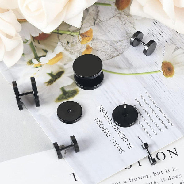 Pair Black Flat Round Barbell Plug Stud Stainless Steel Mens Gym 4 12Mm Earrings