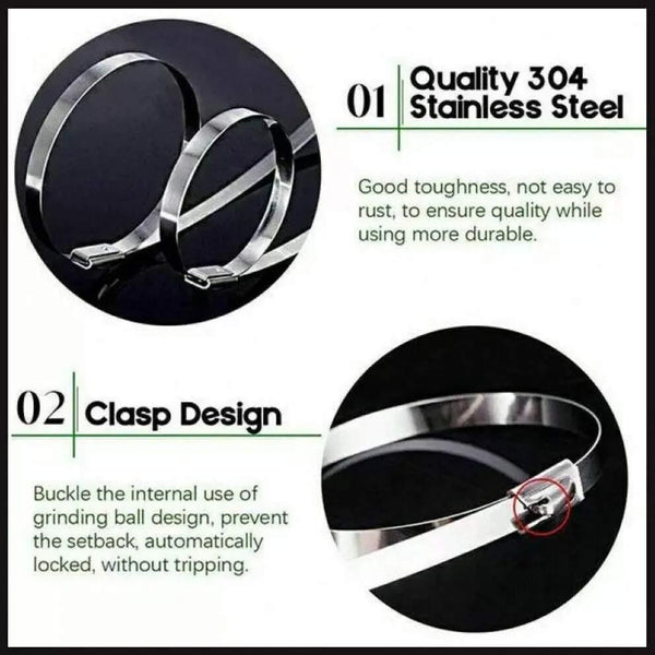 100X Stainless Steel Cable Ties Ss304 Marine Grade Zip Strap Locking Wrap 4.6X100mm Cable Ties & Organisers