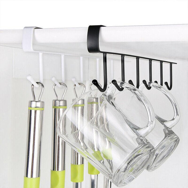 6Hook Mug Cup Rack Holder Under Shelf Kitchen Cabinet Hanger Organiser Wardrobe Black Mugs