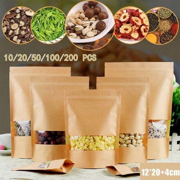 10X 12*20+4Cm Stand Up Bag Kraft Paper Seal Packaging Window Zip Lock Pouch Pcs Food Storage Bags