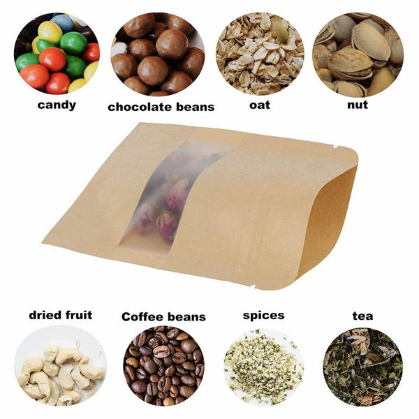 10X 12*20+4Cm Stand Up Bag Kraft Paper Seal Packaging Window Zip Lock Pouch Pcs Food Storage Bags