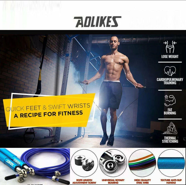 Aolikes High Speed Steel Skipping Jump Rope Dual Bearings Gym Boxing Black Skip Jump Ropes