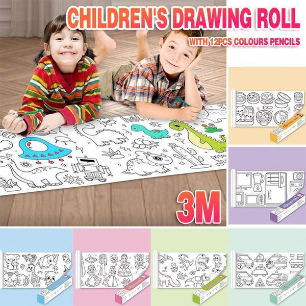 3M Diy Colouring Paper Roll With 12 Pencils Cartoon Doodle Set Dinosaur Land(With 12Pcs Colored Other Painting Accessories