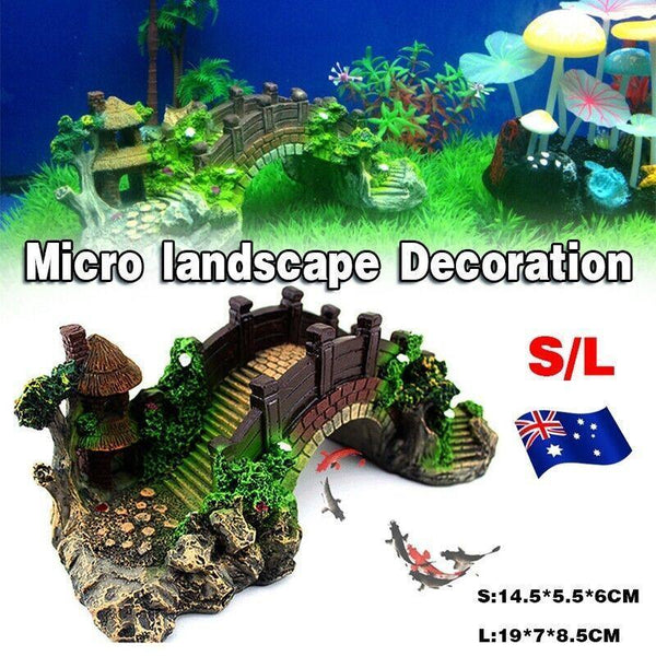 Aquarium Fish Tank Ornament Bridge Resin Rock Pavilion Tree Landscape Decoration L:19*7*8.5Cm Decorations