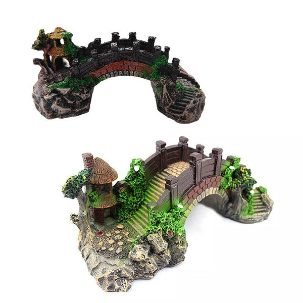 Aquarium Fish Tank Ornament Bridge Resin Rock Pavilion Tree Landscape Decoration L:19*7*8.5Cm Decorations