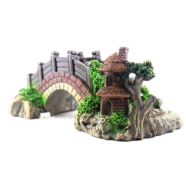 Aquarium Fish Tank Ornament Bridge Resin Rock Pavilion Tree Landscape Decoration L:19*7*8.5Cm Decorations