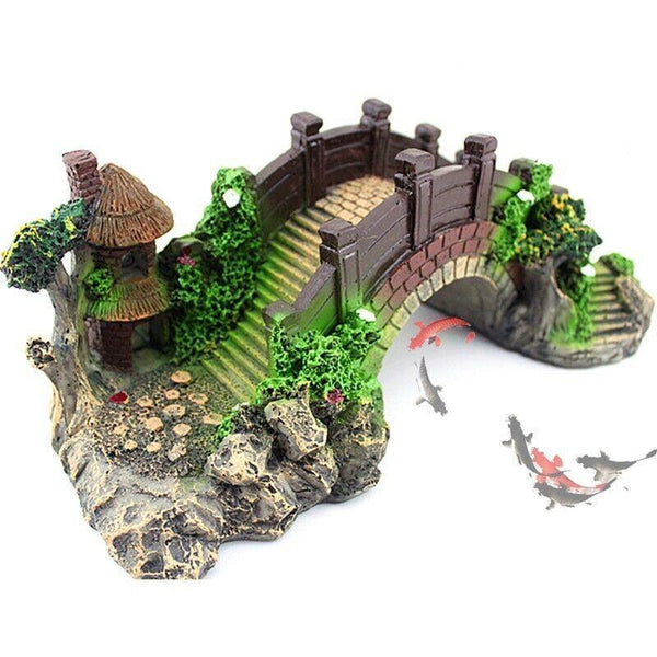 Aquarium Fish Tank Ornament Bridge Resin Rock Pavilion Tree Landscape Decoration L:19*7*8.5Cm Decorations
