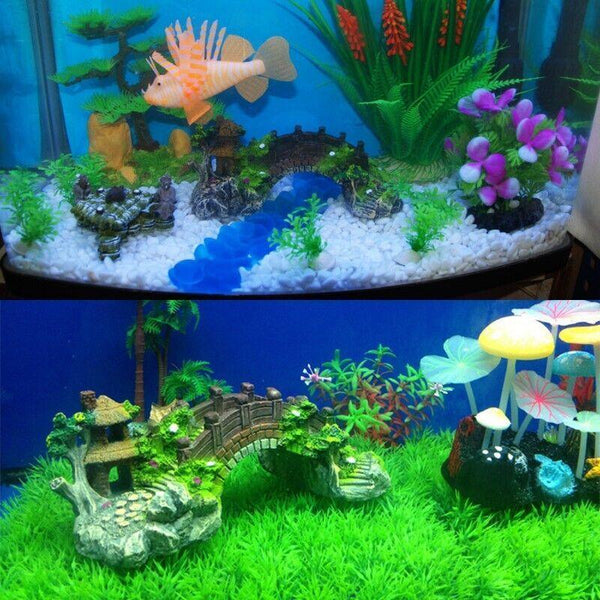 Aquarium Fish Tank Ornament Bridge Resin Rock Pavilion Tree Landscape Decoration L:19*7*8.5Cm Decorations