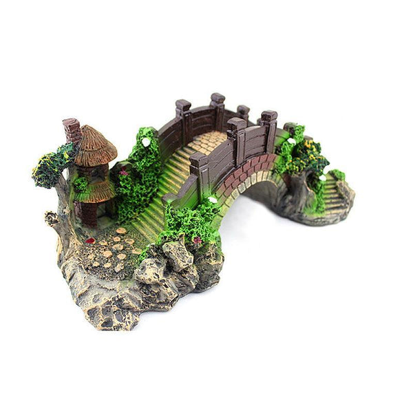 Aquarium Fish Tank Ornament Bridge Resin Rock Pavilion Tree Landscape Decoration L:19*7*8.5Cm Decorations