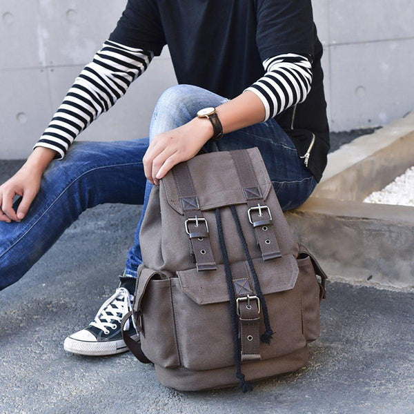 Unisex Retro Rucksack Large Capacity Travel Bag Leisure Backpack Schoolbag Khaki Backpacks & Bags