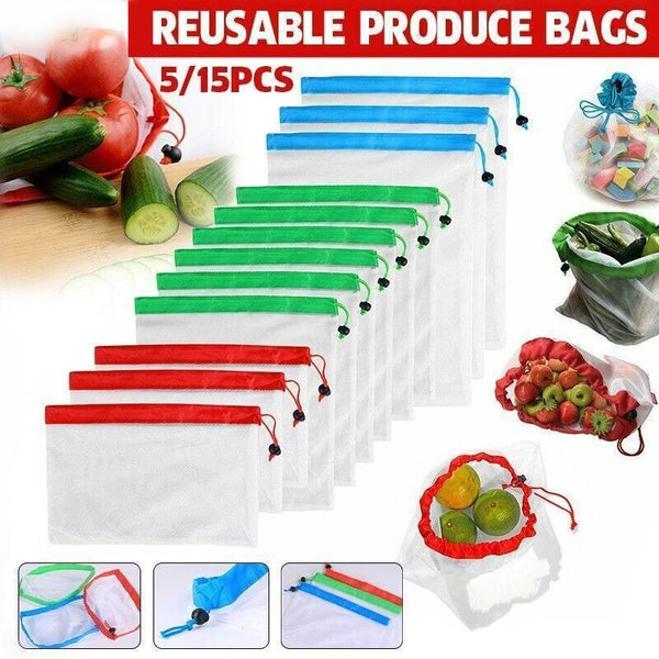 Eco Friendly Reusable Mesh Produce Bags Superior Double Stitched Strength 5Pcs Large Blue Food Storage Bags