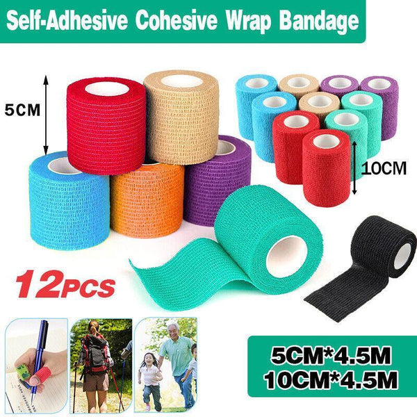 12 Multi Size Self Adhesive Cohesive Pet Bandage Wraps 12Pcs Black 5Cm X 4.5M Bandages Gauze & Dressings