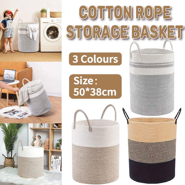 Woven Cotton Rope Storage Basket Foldable Laundry Bin Bamboo Clothes Organizer White Brown Laundry Baskets & Hampers