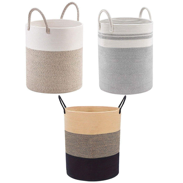 Woven Cotton Rope Storage Basket Foldable Laundry Bin Bamboo Clothes Organizer White Brown Laundry Baskets & Hampers