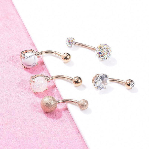 5Pcs Belly Bar Piercing Ring Crystal Zircon Surgical Steel Silver Jewellery Rose Gold Body Piercing Jewellery