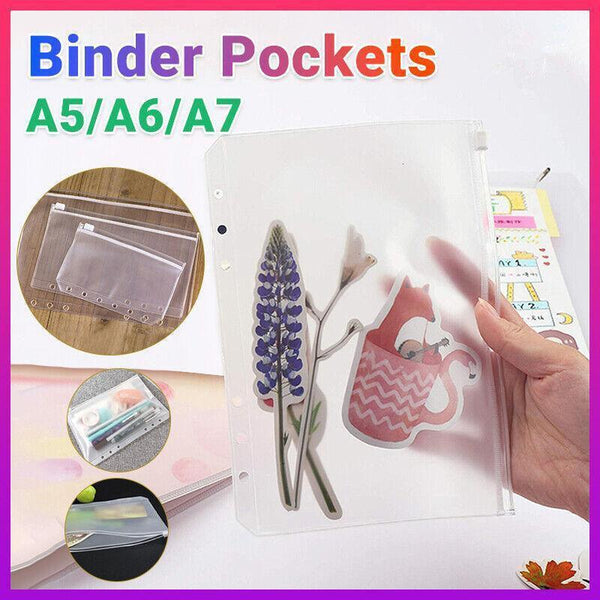 12X A6/A7 Binder Pocket Zipper Holes Pvc Document Filling Bags Clear Kit School Supplies