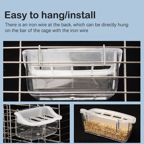 Clear Bird Feeder Box Parrot Food Dispenser Cage Sink Container Hanging Supplies Bird Feeders