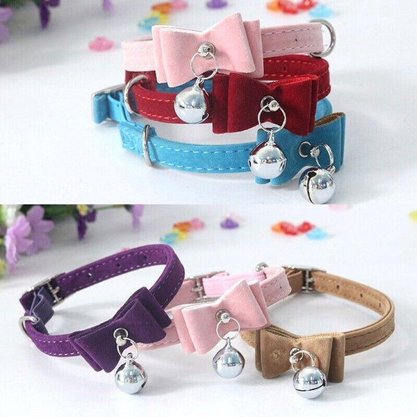 1A Suede Cat Collar With Bow Bell Pink Blue Black Red Dog Collars