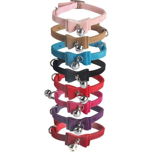 1A Suede Cat Collar With Bow Bell Pink Blue Black Red Dog Collars