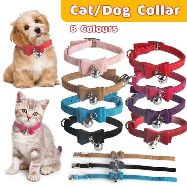 1A Suede Cat Collar With Bow Bell Pink Blue Black Red Dog Collars