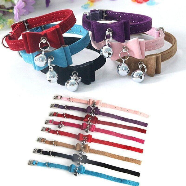 1A Suede Cat Collar With Bow Bell Pink Blue Black Red Dog Collars