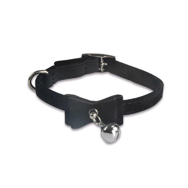 1A Suede Cat Collar With Bow Bell Pink Blue Black Red Dog Collars
