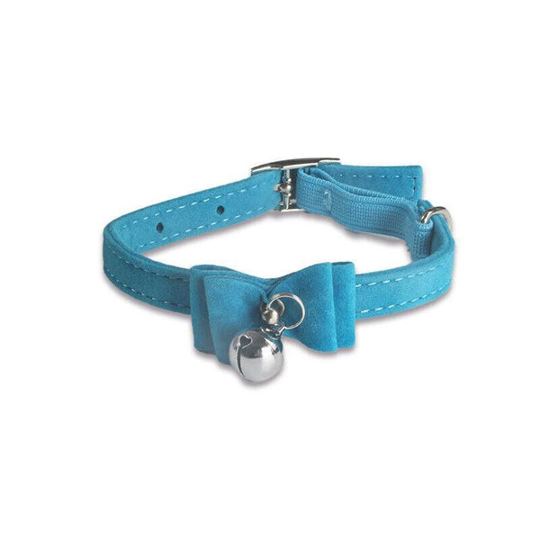1A Suede Cat Collar With Bow Bell Pink Blue Black Red Dog Collars