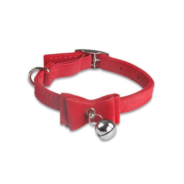 1A Suede Cat Collar With Bow Bell Pink Blue Black Red Dog Collars