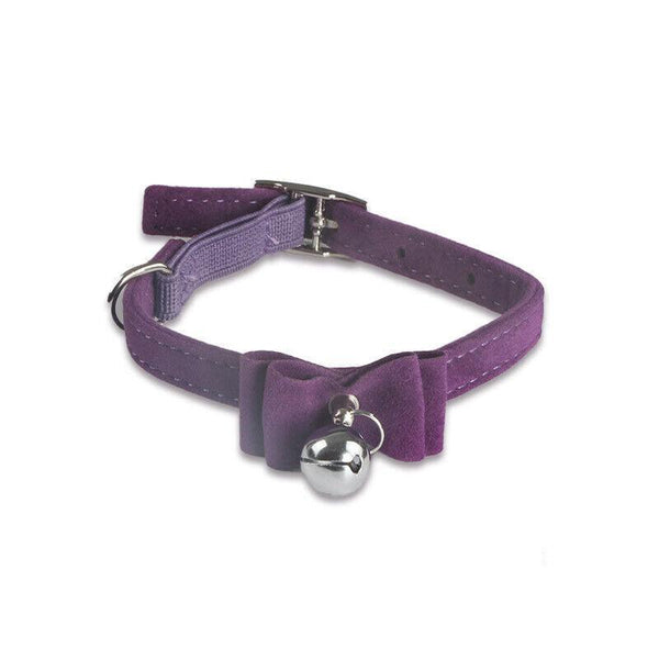 1A Suede Cat Collar With Bow Bell Pink Blue Black Red Dog Collars