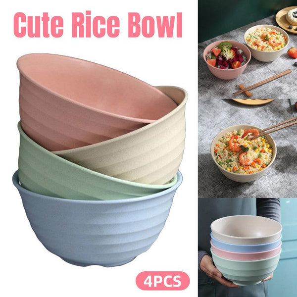 4Pcs Wheat Straw Rice Bowl Round Noodle Drop Proof Kitchen Tableware Set Bowls