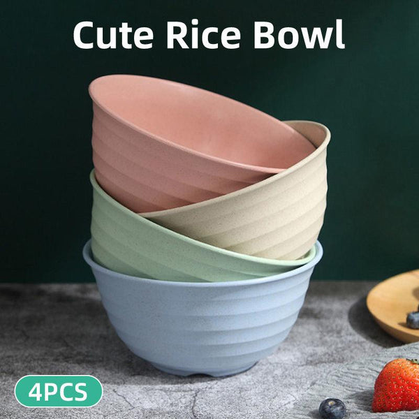 4Pcs Wheat Straw Rice Bowl Round Noodle Drop Proof Kitchen Tableware Set Bowls