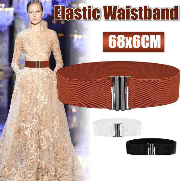 Women Elastic Waist Belt Stretch Cinch Wide Band With Metal Buckle Brown Belts