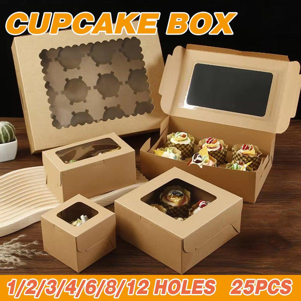 25Pcs Paper Cupcake Box With Window For Party Wedding Bakery Gift Packaging 1 Hole Baking Cups & Cases
