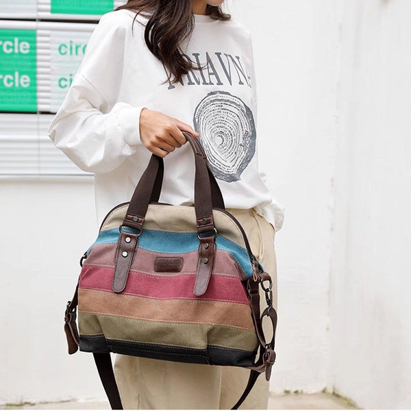 Rainbow Stripe Canvas Bag Patchwork Tote Fashion Handbag Women Shoulder Women's Bags & Handbags