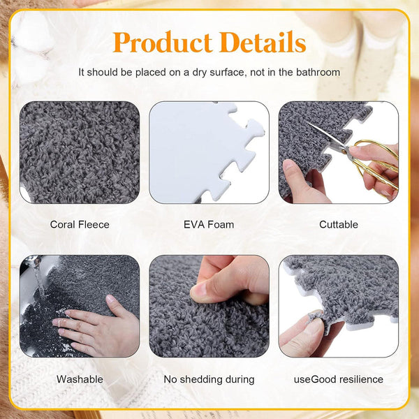 Foam Floor Mats Set 10Pcs Shaggy Interlocking Tiles Soft For Kids Room Play Area Grey White Door Mats & Floor Mats