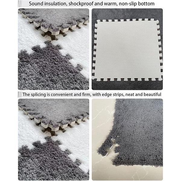 Foam Floor Mats Set 10Pcs Shaggy Interlocking Tiles Soft For Kids Room Play Area Grey White Door Mats & Floor Mats