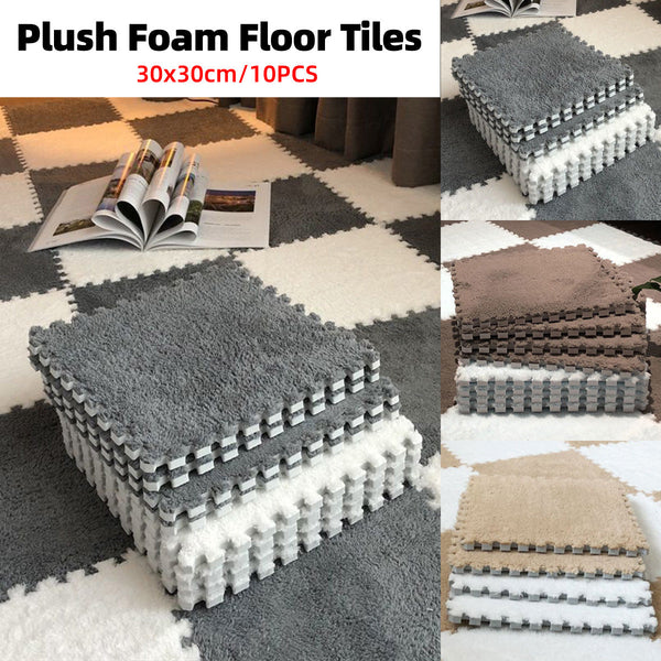 Foam Floor Mats Set 10Pcs Shaggy Interlocking Tiles Soft For Kids Room Play Area Camel White Door Mats & Floor Mats