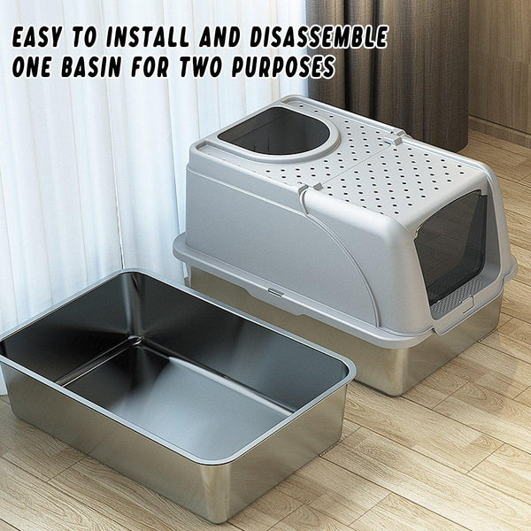 Durable Stainless Steel Cat Litter Box Pan Pet Toilet Odor Control Tray Large Grey Litter Trays