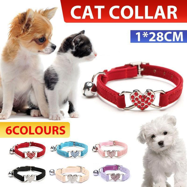 Suede Cat Collar With Adjustable Elastic Bell And Heart Charm For Kittens Red Dog Collars