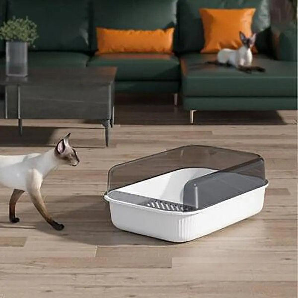 Litter Tray Box With Splash Guard And Wide Opening For Cats Top Design Grey Cat Litter
