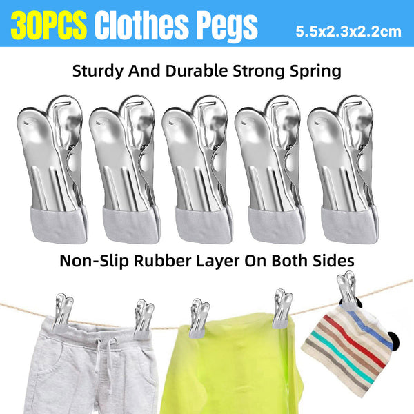 30Pcs Multi Functional Stainless Steel Clothes Drying Clips Windproof Pegs & Peg Bags