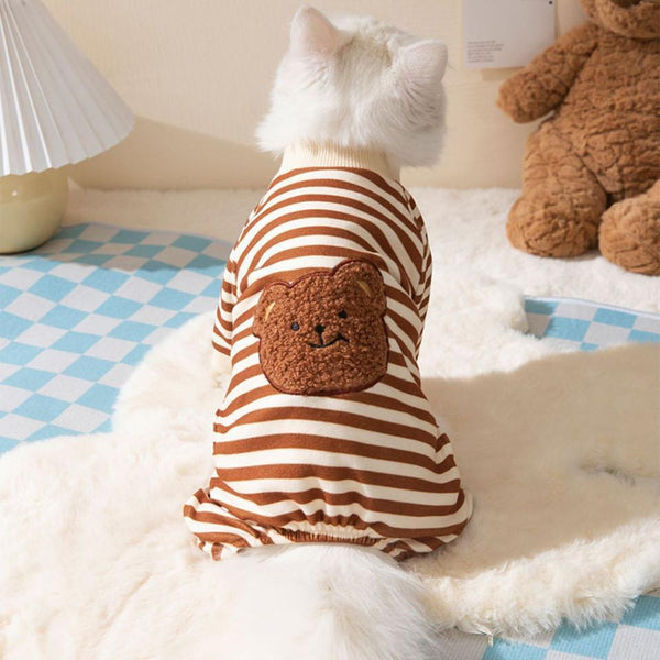 Cute Bear Striped Dog Home Clothes Cat Pet Outfit Cozy Animal Pajamas For Pets Brown M Dog Clothing & Shoes